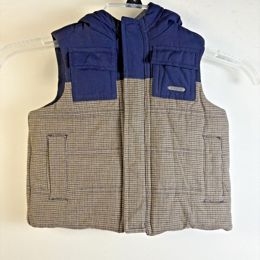 Janie and Jack Kids Navy Blue Tan Houndstooth Hooded Puffer Vest Outerwear